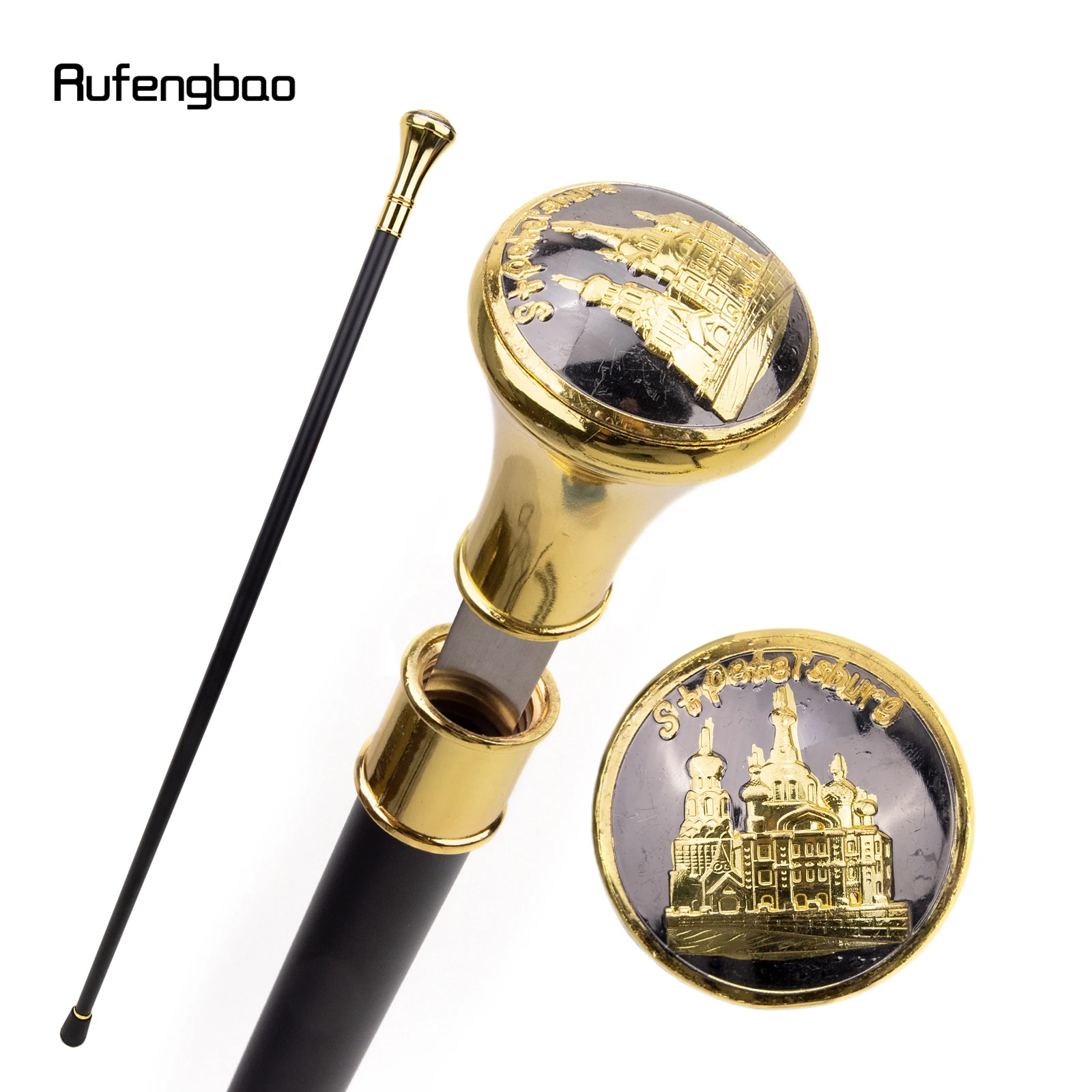 

Golden Stpetersburg Cathedral Totem Relief Single Joint Walking Stick with Hidden Plate Self Defense Cane Crosier 93cm