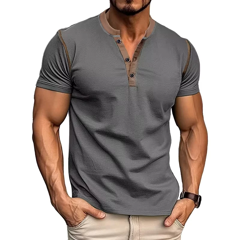 2026 Summer Europe and The United States Men's Short Sleeve Henry Shirt Men's Casual Color Match Round Neck T-shirt S-2XL