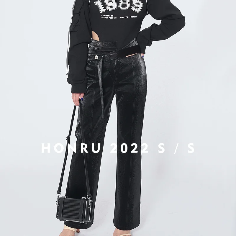 

Waist 2023 High Spring New Loose PU Leather Pants Women Sexy Hollow Out Irregular Wide Leg Trousers Female Fashion Chic Pants