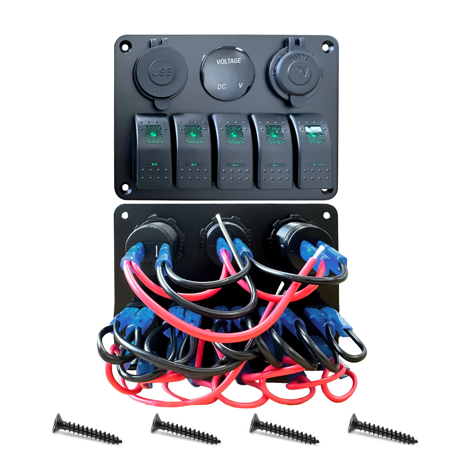 

5-Gang Green LED Toggle Switch Panel with Voltmeter Dual USB, Waterproof Car Modification Switches for Marine Yacht RV Truck Aut