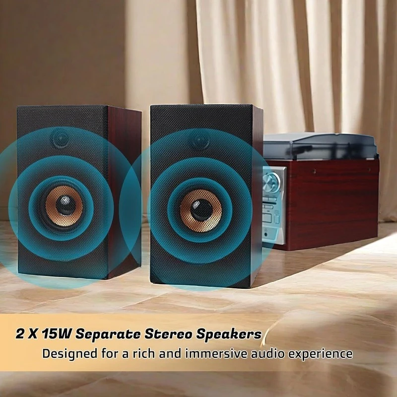 Vinyl Record Player with 15W External Speakers 10 in 1 3 Speed Bluetooth Vintage Turntable CD Cassette Player