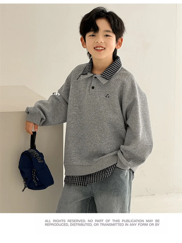 Neu eingetroffen: Modisches Langarm-Poloshirt mit doppelter Schicht für Kinder, Jungen-Hoodie mit Umlegekragen, Frühlingskleidung. – Detail 7