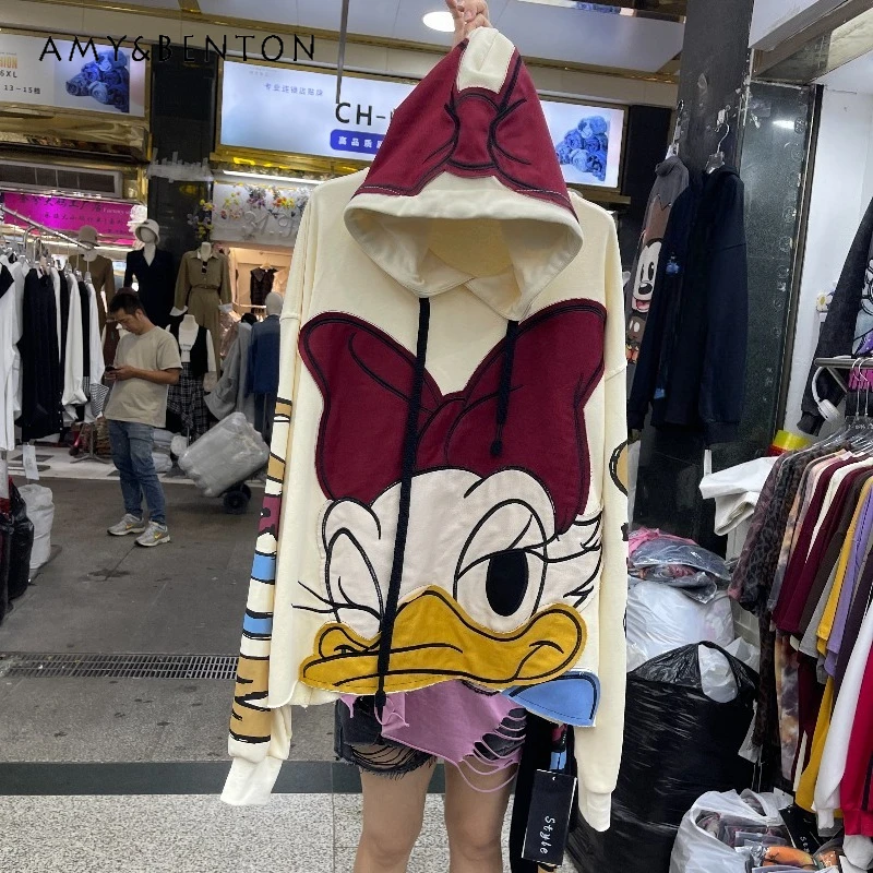 Kawaii Clothes 2025 Autumn Hoodies Heavy Industry Patchwork Cartoon Hooded Sweatshirt For Women's Loose Casual New Top Pullovers