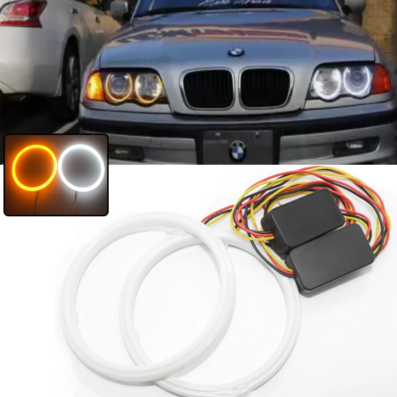 Two angel eye white and amber LED lights with a size of 60-120MM, used for turn signal DRL DC12V.