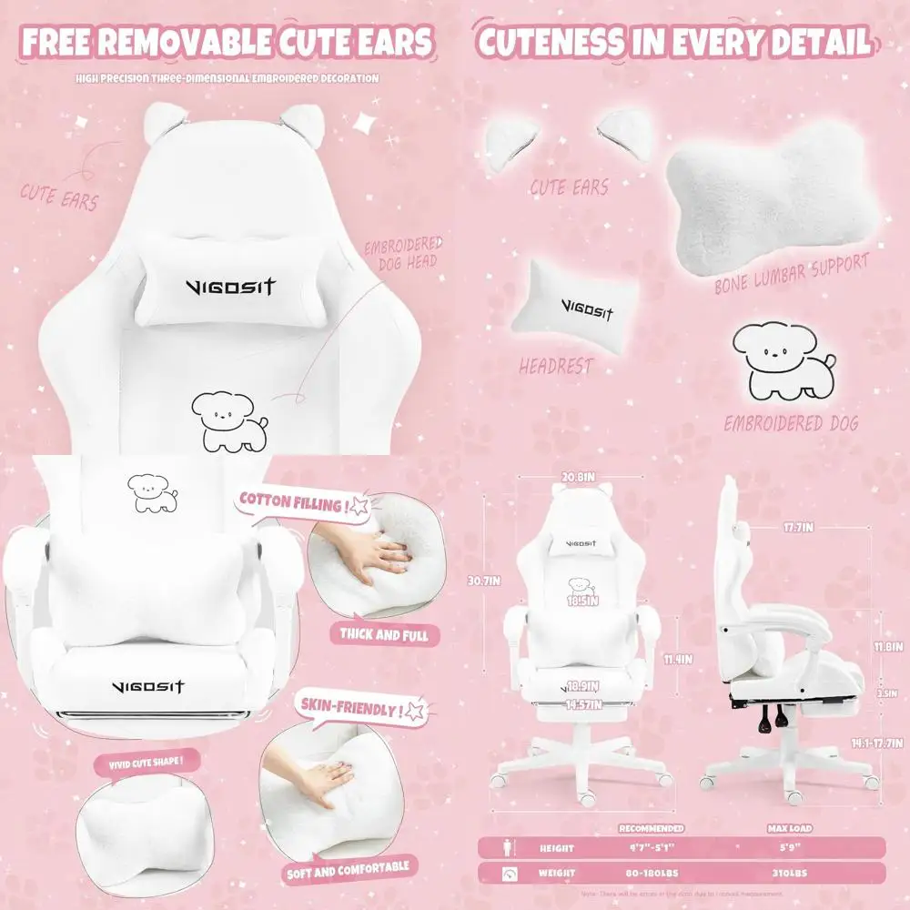 White Ergonomic Gaming Chair with Cat Paw Lumbar Support for Women and Teens