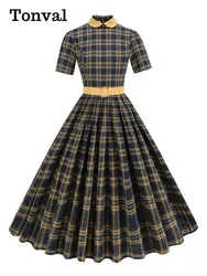 Tonval Peter Pan Collar Autumn Winter Rockabilly Women Vintage Dress Elegant Cotton Plaid Pleated Long Dresses