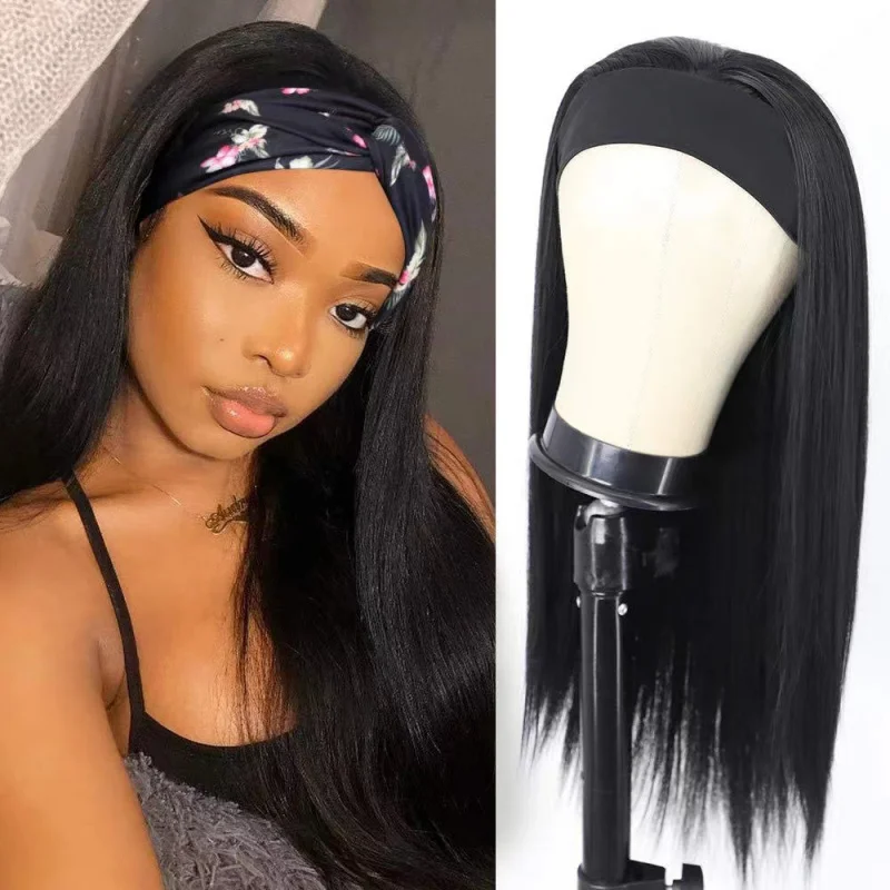 

European and American Style Headscarf Wig African Women's Synthetic Long Straight Hair Black Hairband Head Coverwig