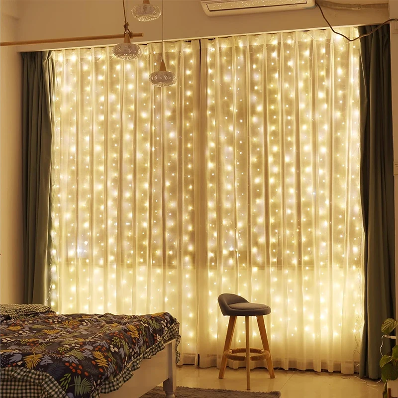 

300 LED Curtain Fairy Light 8 Modes USB Plug in Copper Wire String Lights for Bedroom Window Chrismas Wedding Party, Warm White