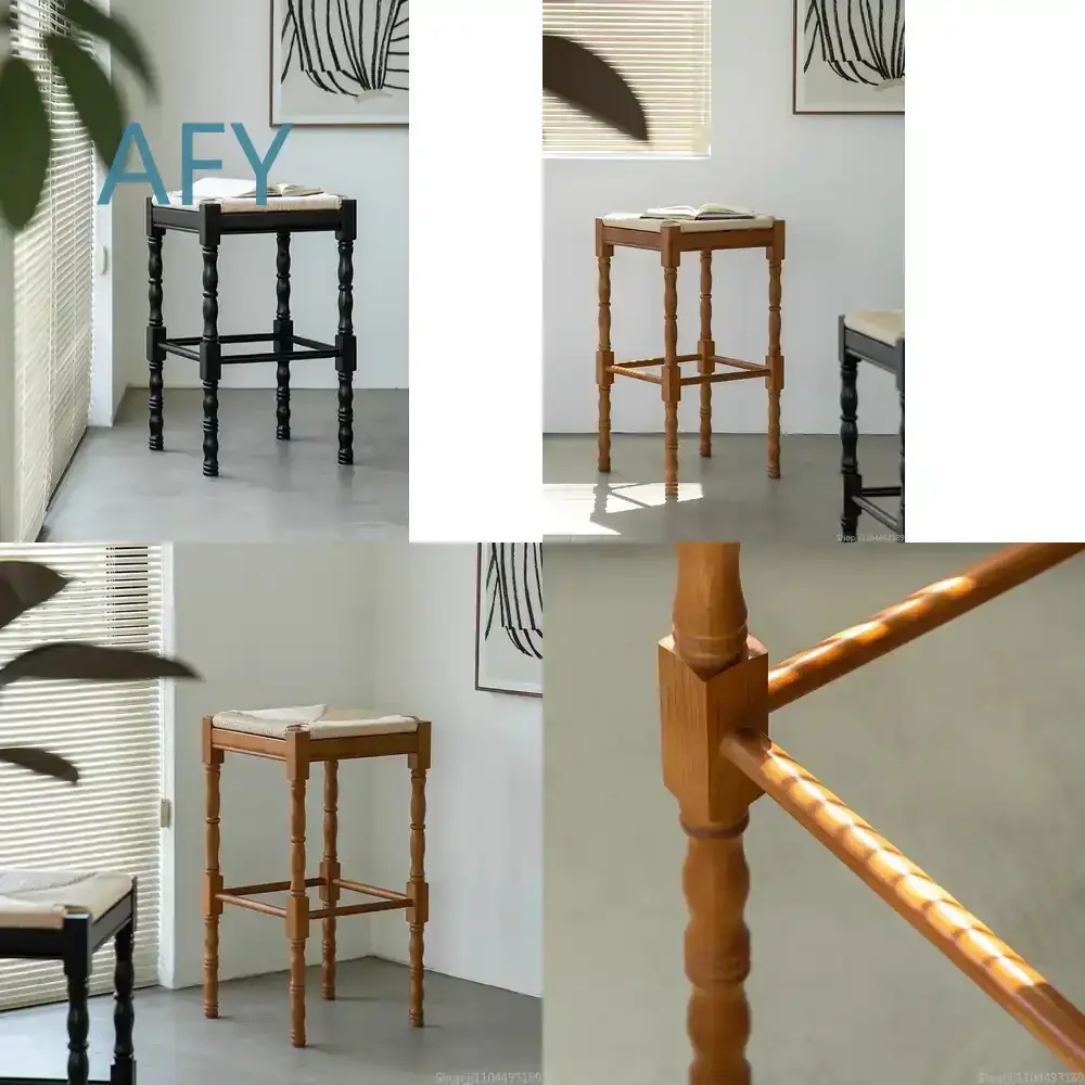 French Vintage Solid Wood Bar Stool for Home Café Bar Dining Chairs for Restaurant Kitchen Multi Function Furniture for