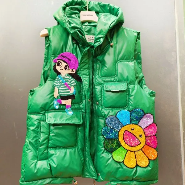 Chaleco de plumón de dibujos animados para mujer, chaqueta acolchada de algodón engrosada, Verde