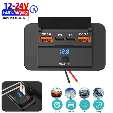 4-портовая USB-C розетка 12/24В для настенного монтажа, автомобильное зарядное устройство с кнопочным выключателем, водонепроницаемые автомобильные аксессуары для автобусов, фургонов, грузовиков