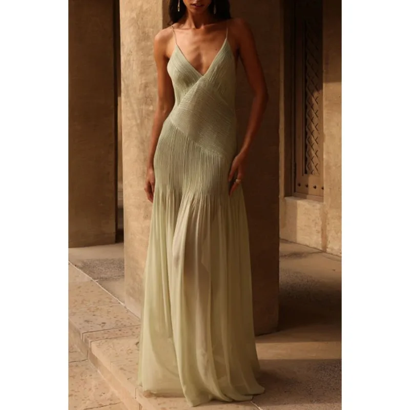 

2024 Summer Elegant Strapless Vacation Beach Long Dress Women Solid V Neck Backless Sleeveless Pleat Patchwork See Through Robe