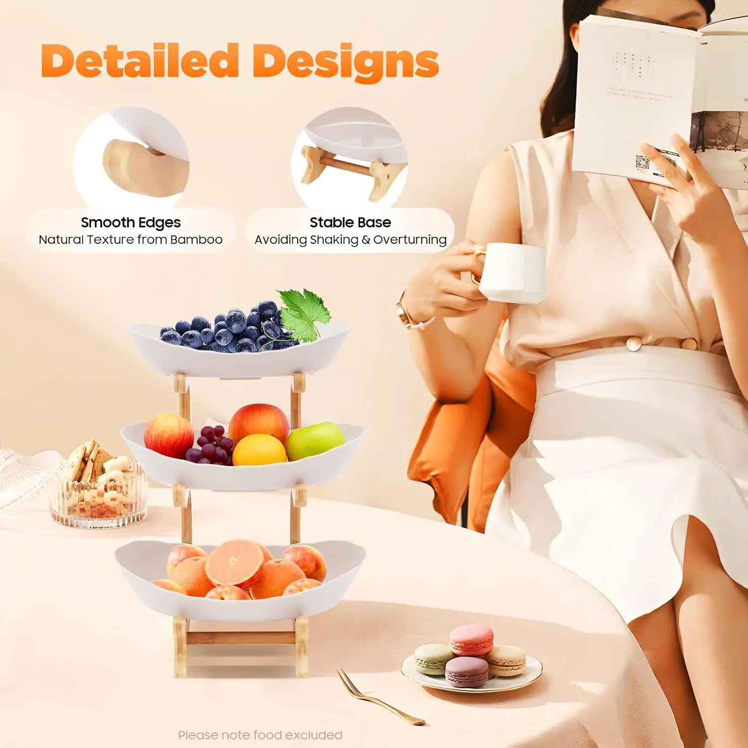 

Fruit Basket for Kitchen Countertop 3 Tier Beige Large Plastic Fruit Bowl with Wooden Frame Sturdy and Durable Can Be Used