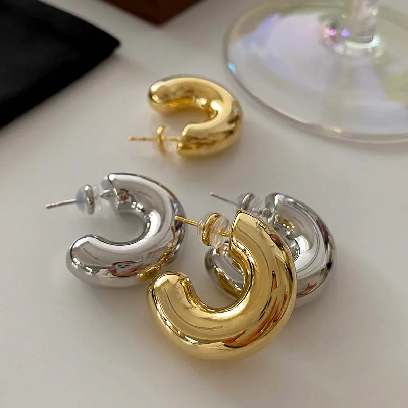 Vintage Metal C Shape Hoop Earrings for Women Girls Minimalism Gold Silver Color Round Thick Chunky Huggie Earrings Jewelry