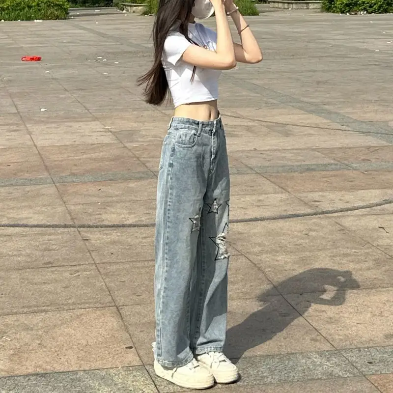 Vintage High Street Women New Blue Jeans Embroid Hole Pockets Zipper Buttons Korean Fashion High Waist Loose Straight Pants 2024