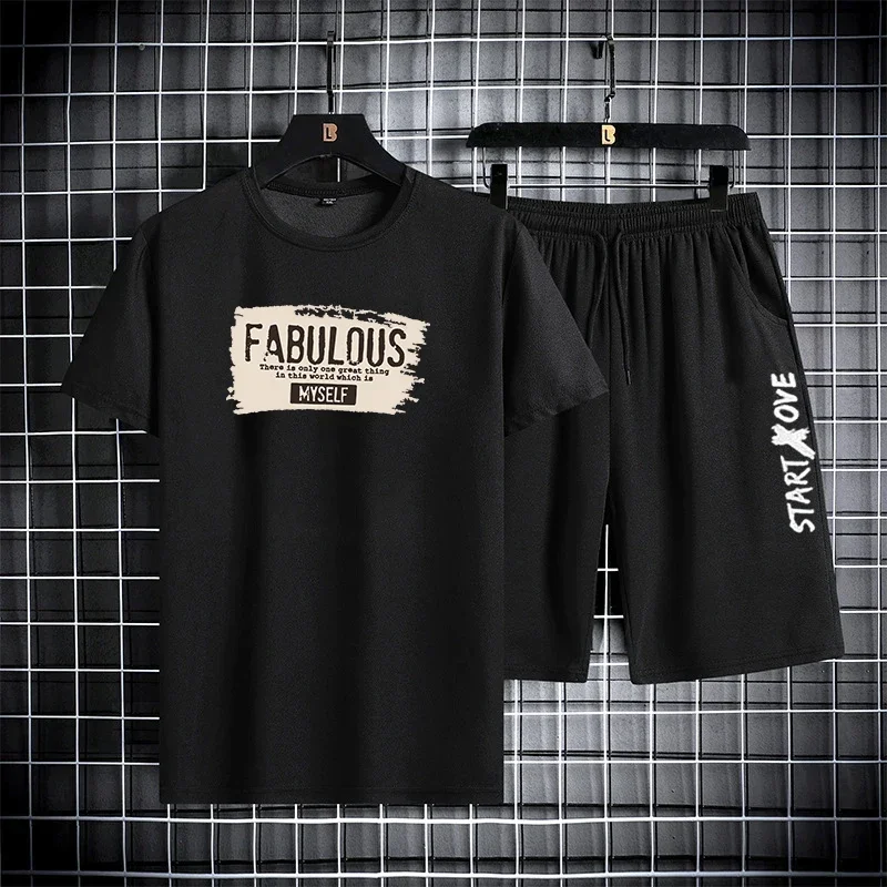 

2025 Summer new men breathable short sleeve T-shirt + quick drying shorts two-piece outdoor fashion men's sports casual Suit