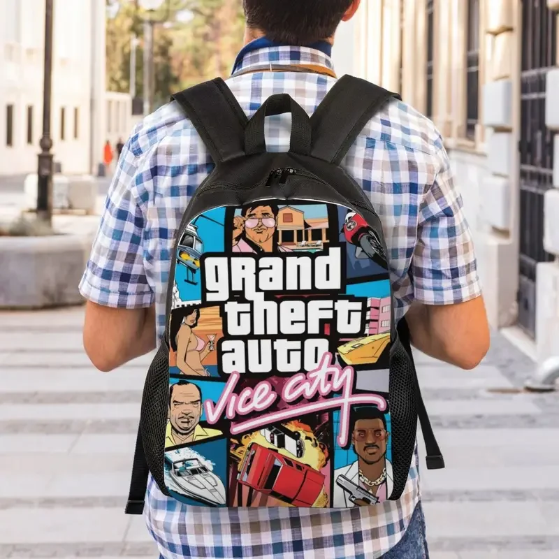 Jogo de aventura personalizado Grand Theft Auto Collage Mochila de viagem para homens e mulheres, mochila escolar portátil, sacos para estudante universitário GTA