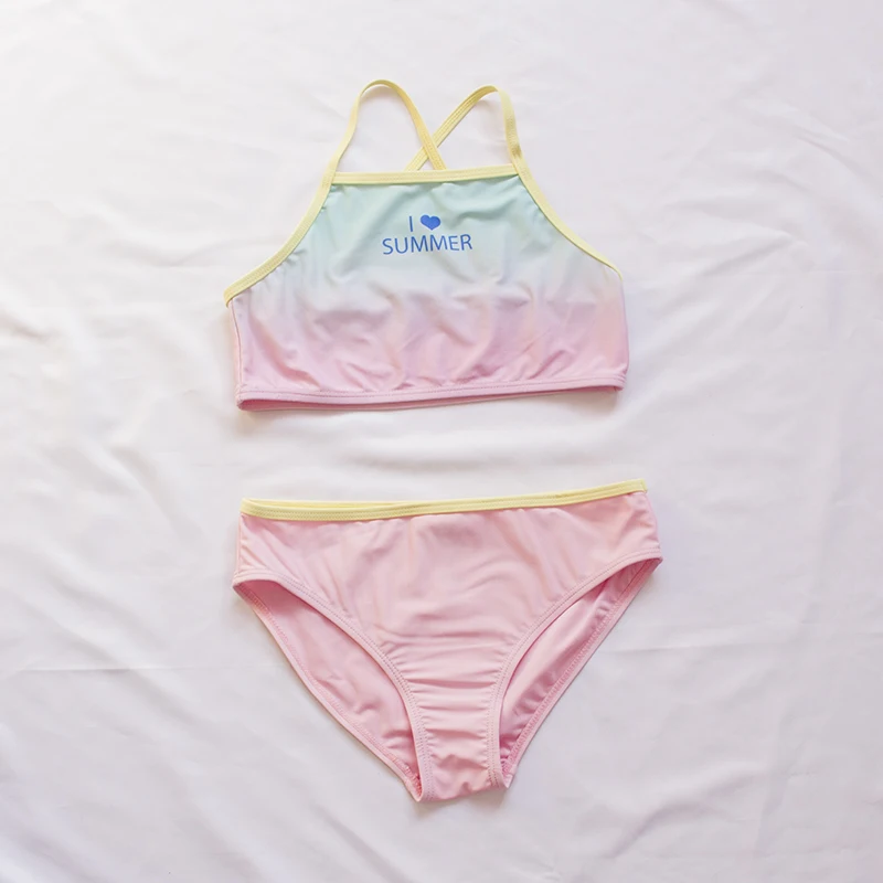 Gradient Children Girls Kids Bikinis Set Summer Beach Two-Pieces Swimming Suit Print Halter Teen Girl Swimwear Swimsuit Biquini