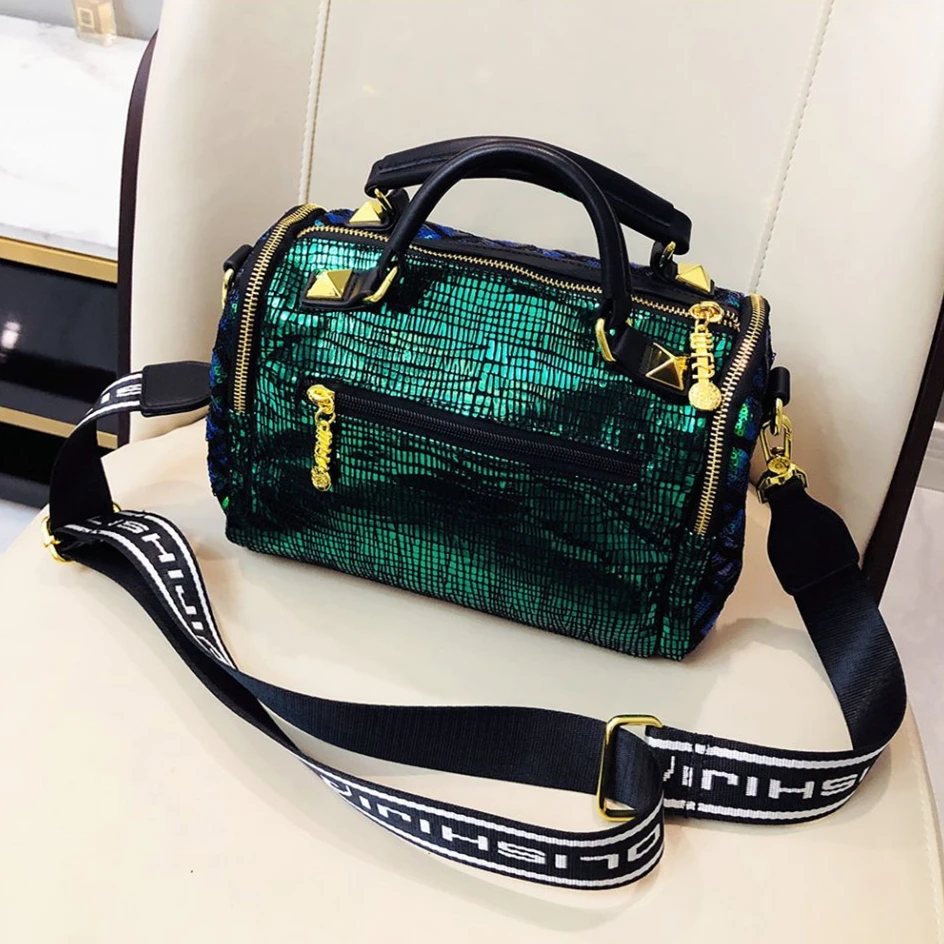 Female Vegan Leather Shiny Quilted Paillette Short Handle Handbag Sparkle Holographic Medium Size Pouch Boston Side Sling Bag