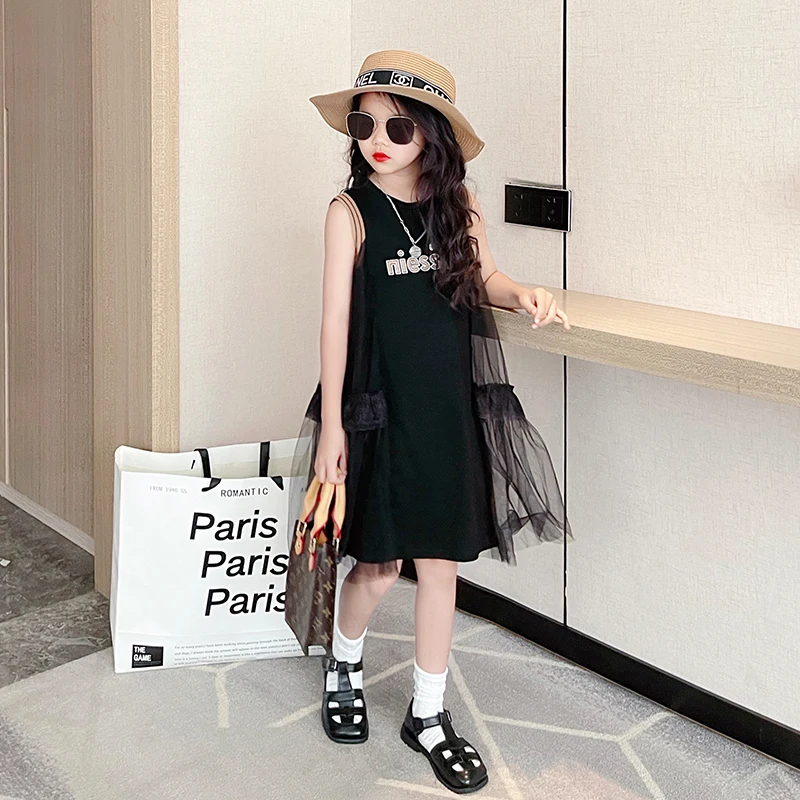 2022 summer tulle girl dress round neck sleeveless design holiday skirt children loose sports short skirt cheap fashion new