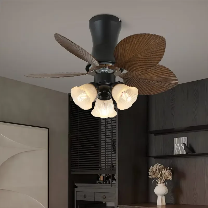 Vintage Tropical Creative 3 Heads Glass Shade Ceiling Fan Light for Bedroom Dining Room Villa Hotel Homestay Decor Fan Lamp