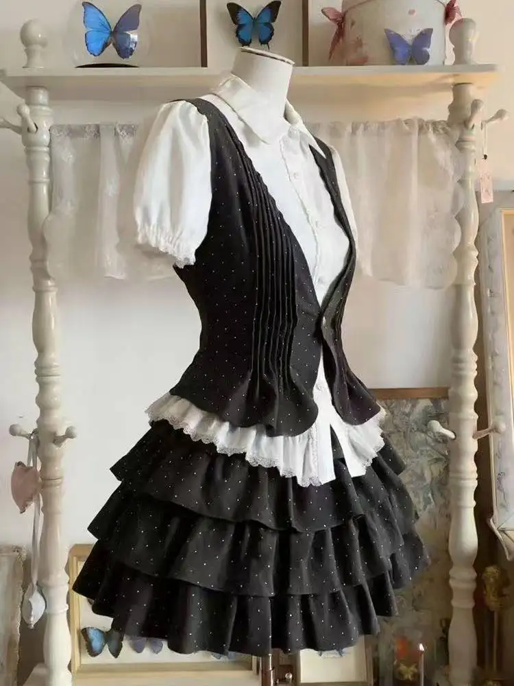 

Милые винтажные наряды для женщин: японские топы с рюшами в стиле Лолита, мини-юбки с бантом, комплекты из 3 предметов в стиле Y2K, кавайные и преппи-образы