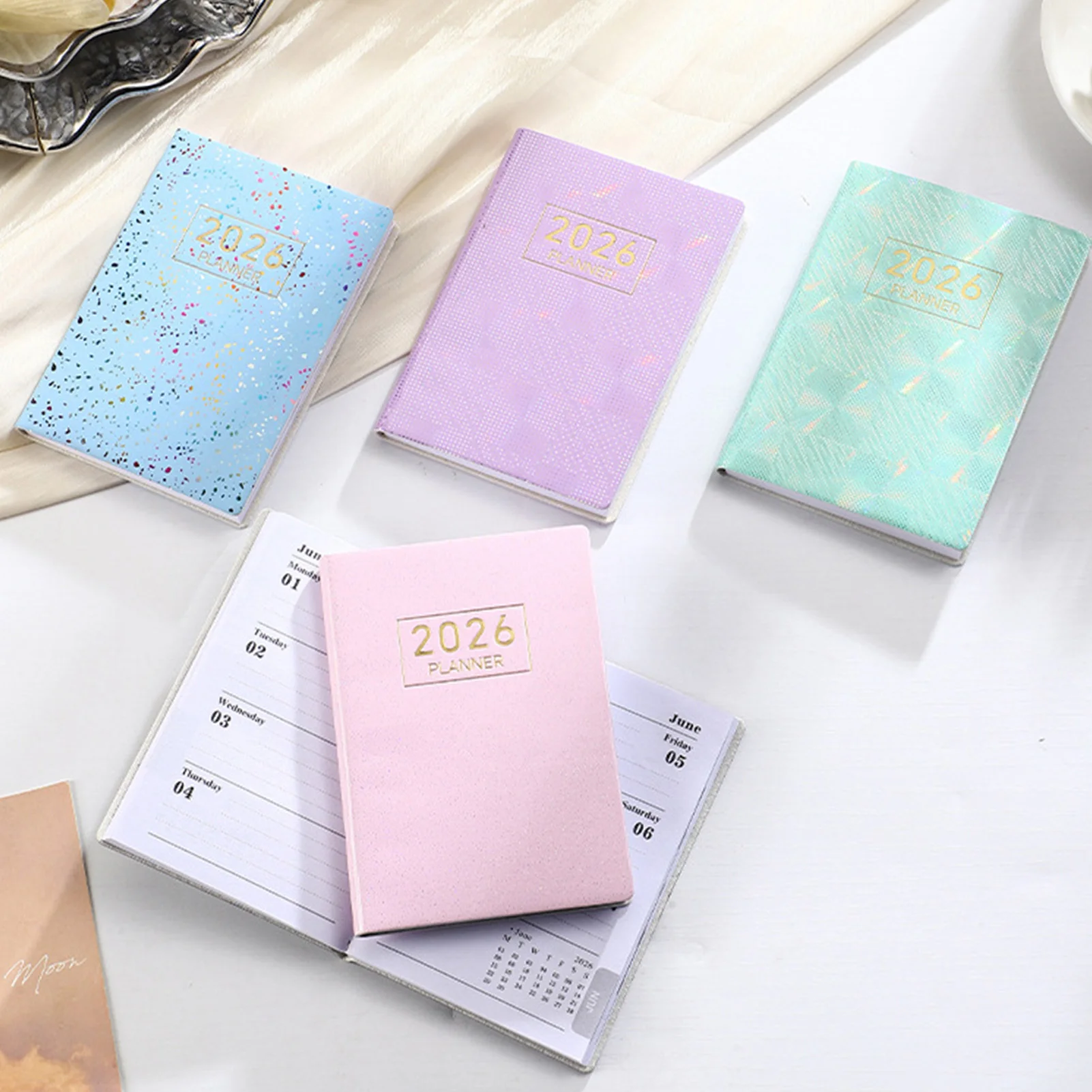 

2026 Laser Holographic Weekly Planner A7 Size Daily Calendar Organizer with PU Leather Cover and Paper for Office School Use
