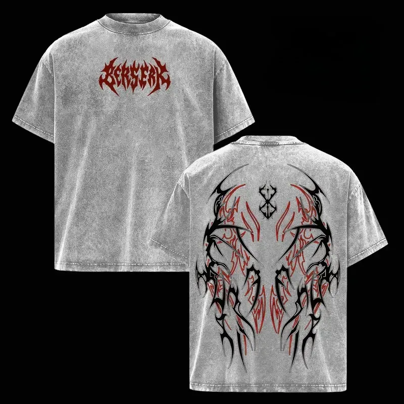 Anime Berserk Guts Logo Graphic T Shirt Men Short Sleeve Clothing Oversized Tshirt Washed Cotton Tee Harajuku Casual T-shirt