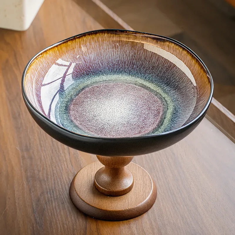 For Light Luxury High End Retro Wood High Footed Fruit Plate Ceramic Snack Tray Entrance Ornament Home Decor Serving Dish