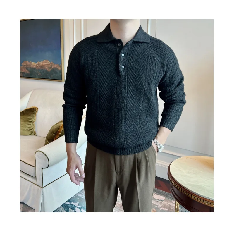 

Осень-зима, новая мода, мужской однотонный отложной воротник, длинный рукав, пуговицы, повседневный модный свободный вязаный свитер, пуловеры