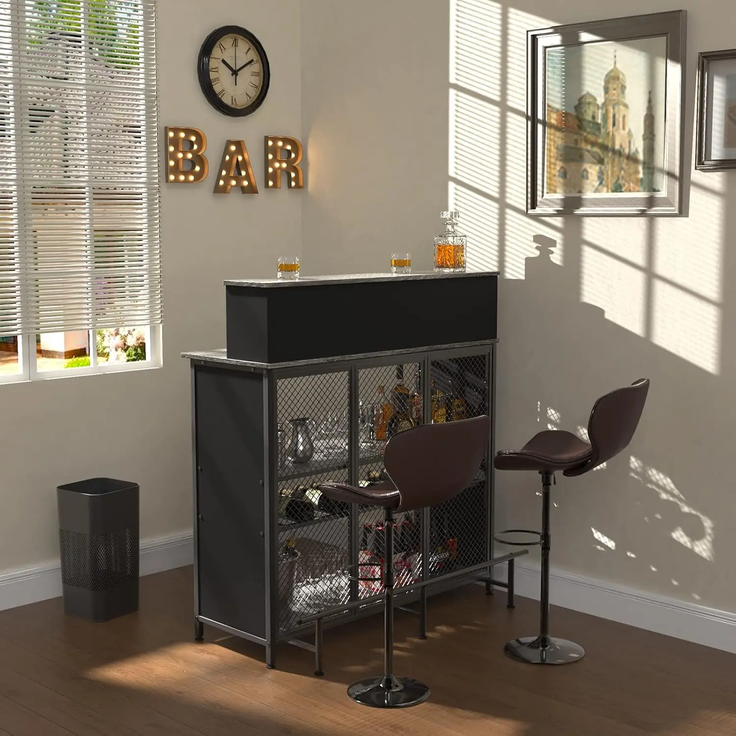 Home Bar Unit Mini Bar Liquor Bar Table with Storage and Footrest for Home Kitchen Pub (Grey)