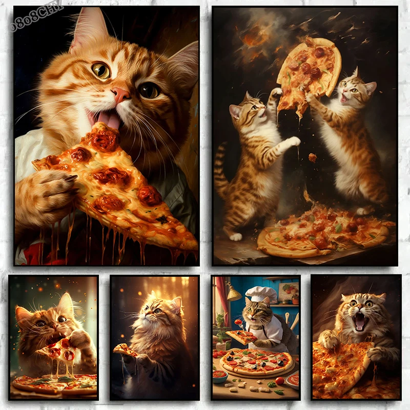 Funny Cat Eating Pizza Canvas Prints Posters Mural Cute Pet Kitten Pizza Poster Canvas Wall Art Painting Pictures for Home Decor