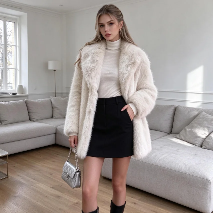 Women Mid Length Coats Faux Fox Fur Jackets Casual Elegant Work Outerwear Loose Turn Down Collar Coat Thick Warm Y2k Streetwear
