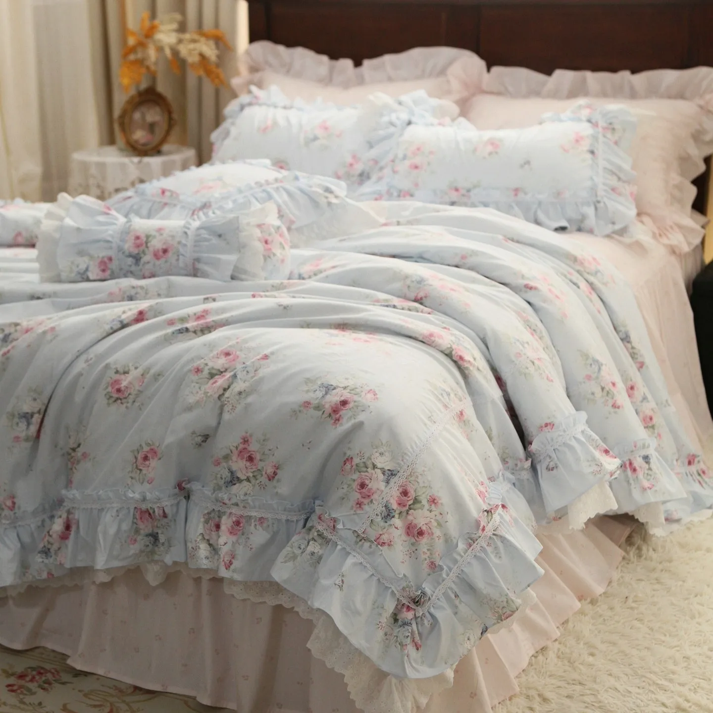 Romantic Lace Floral Princess Bedding Set Ruffle Duvet Cover with Bed Skirt Fresh Feminine Bedroom Decor All-Season Luxury
