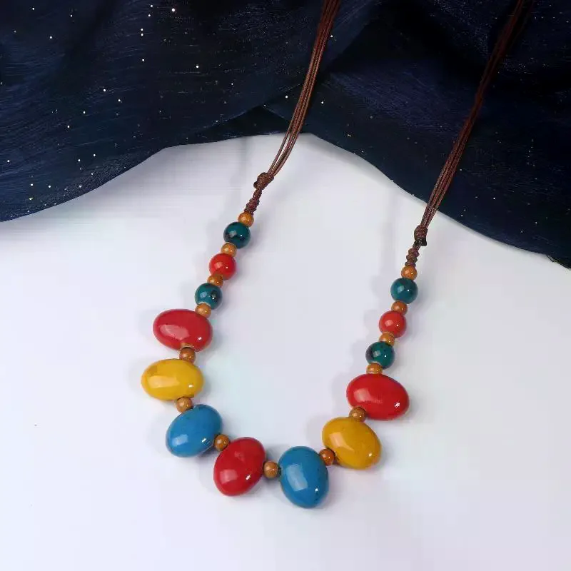 Colorful Ceramic Bean Necklace Handmade Boho Pendant Adjustable Vintage Jewelry For Women Gift