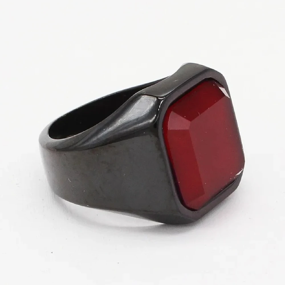 Simple Square Ruby Men\'s Ring Rhinestone Stainless Steel Rings Retro Punk Male Jewelry