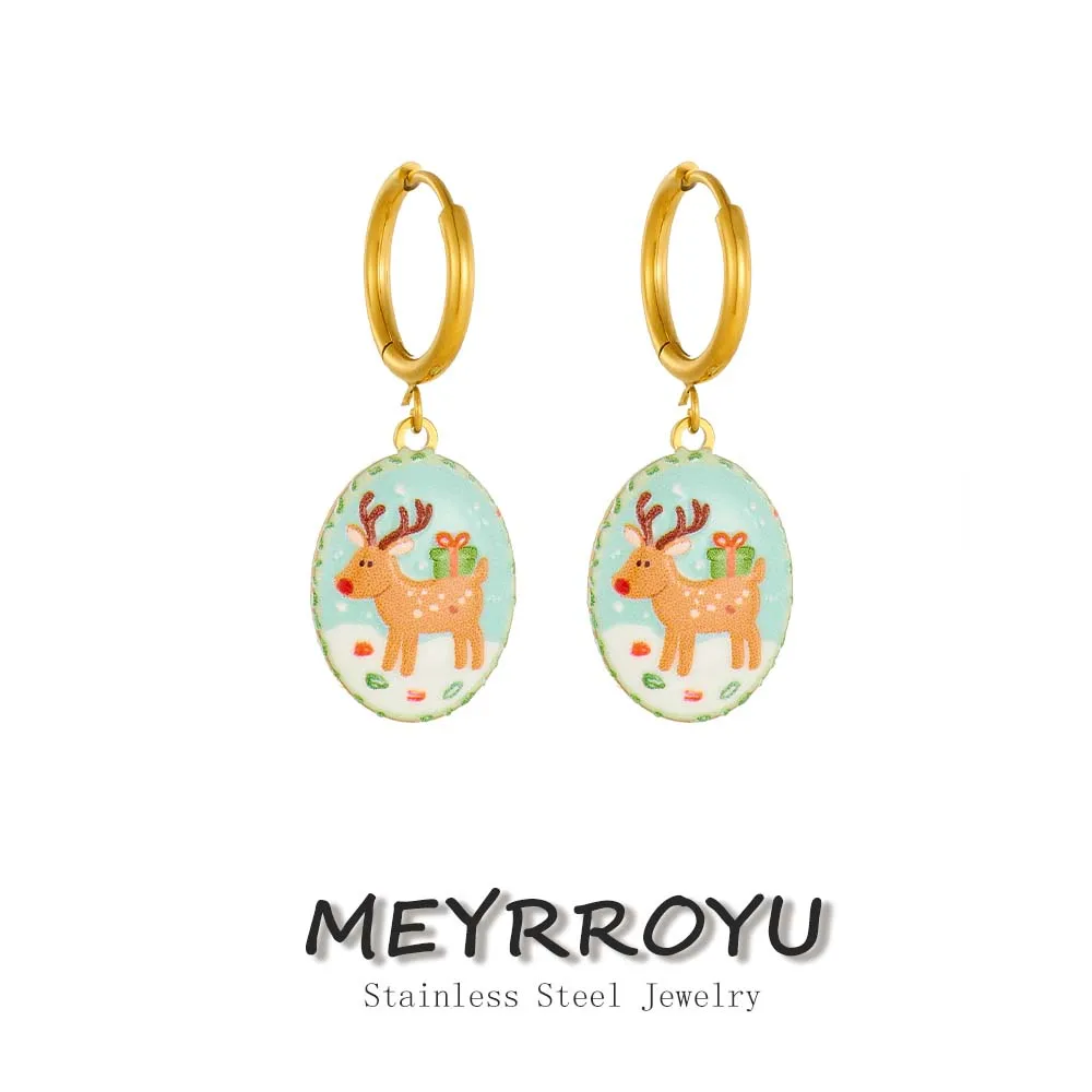 MEYRROYU Stainless Steel Christmas Reindeer Oval Charm Hoop Earrings For Women Enamel Cute Elk Winter Holiday Party Jewelry Gift