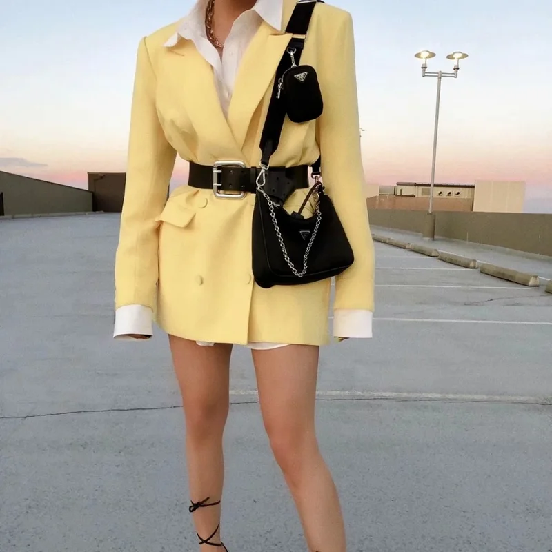 Gele Britse Stijl Blazer 2024 Vrouwen Effen Kleuren Double Breasted Casual Kantoor Blazer Pak Nieuwe Mode Werk Woon-Werkkleding