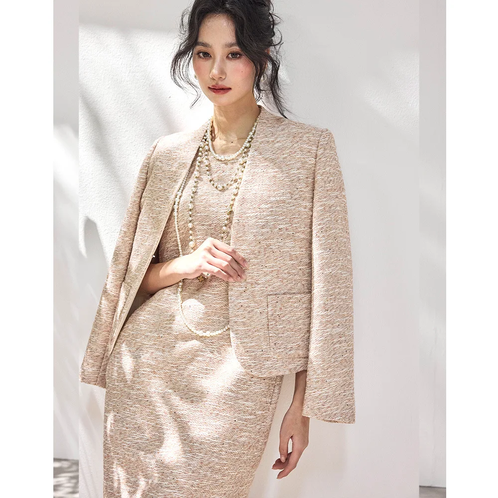 

Shengdu Spring 2026 New Style Woolen Acetate Cashmere Dress Coat Set Small Fragrance Style Women's Casual Sportswear Suit