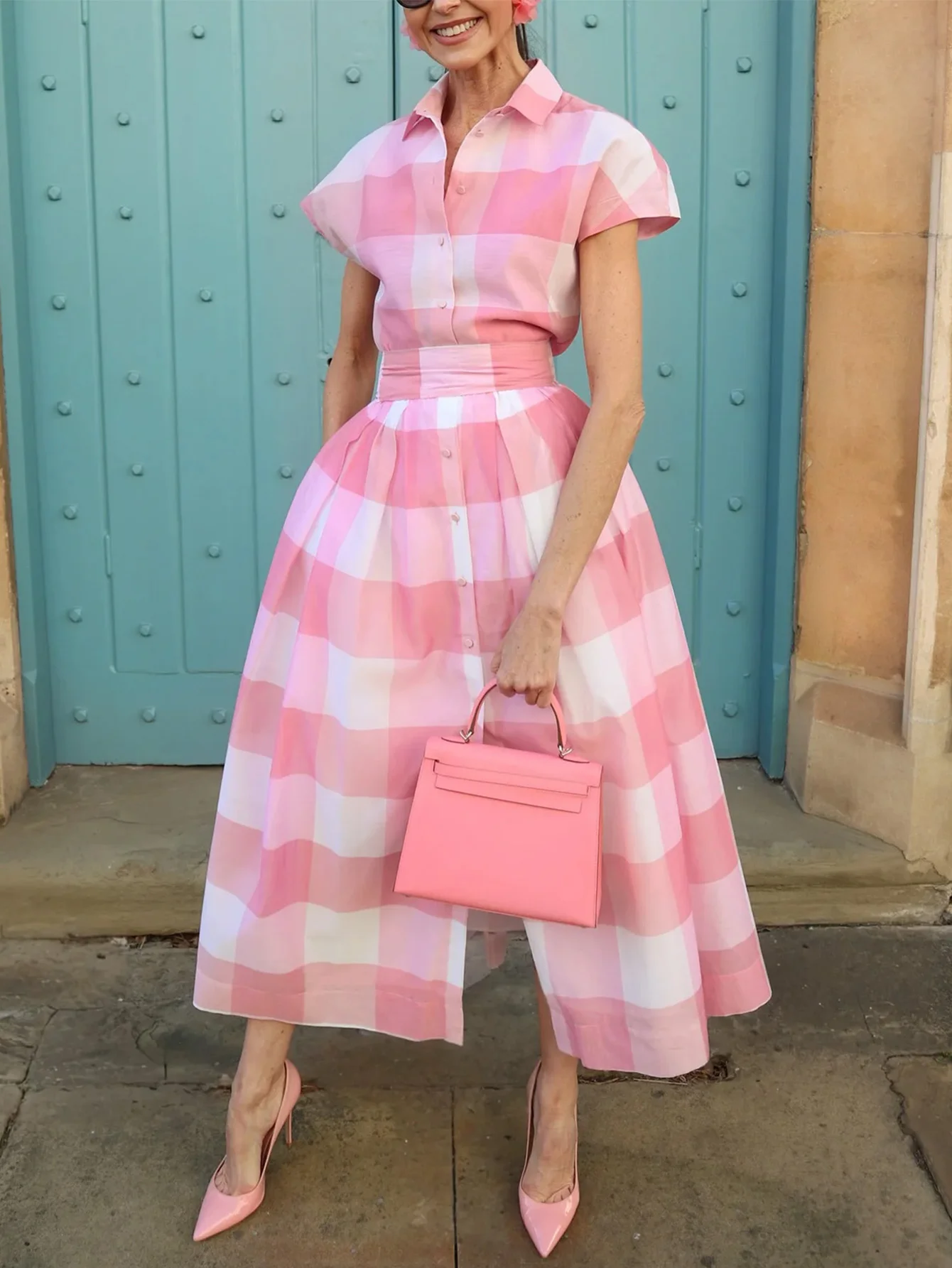 

Summer Elegant Women's Dress Plaid Turndown Collar Shirt Waisted Evening Party Dress Button Women's Midi Dress with Belt