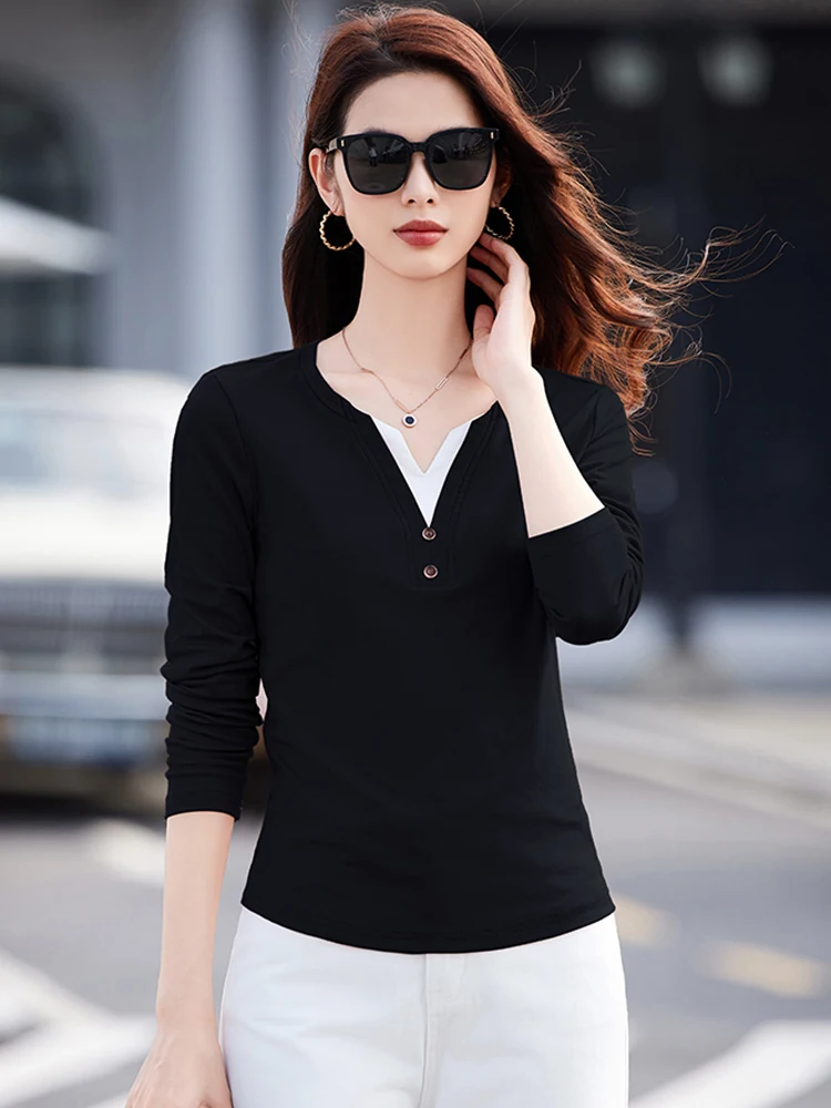 New Women Contrast Color Cotton T-shirt Spring Autumn Fashion Patchwork Small V-Neck Long Sleeve Tees Tops Casual Slim T-shirt