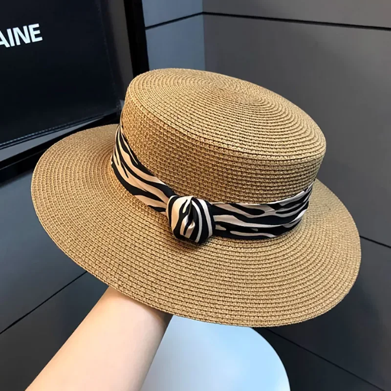 

Шляпа женская Соломенная для отдыха, Панама от солнца в французском ретро стиле с зеброй, с плоским верхом, для пляжа, летняя