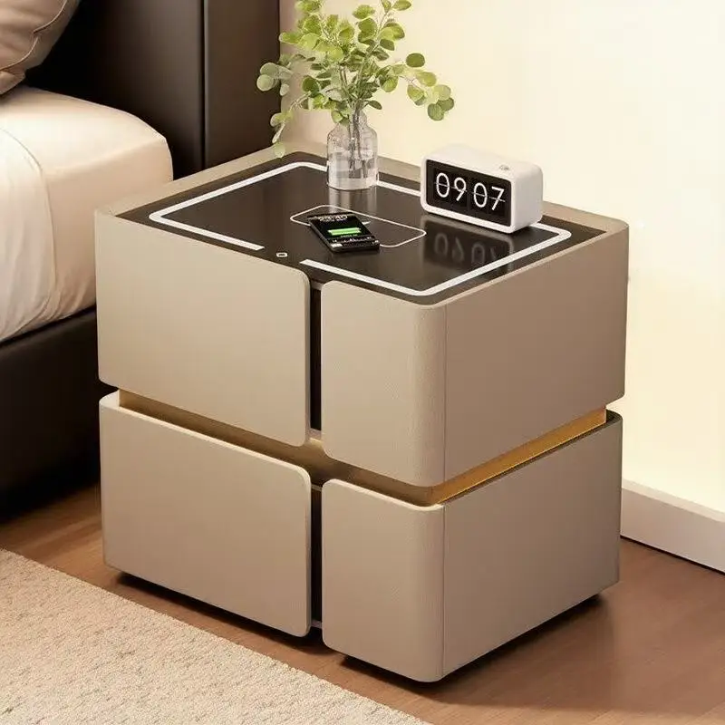 Modern Luxury Wood Smart Bedside Table with Led Light Wireless Charging Speakers 2 Drawer Bedroom White Leather Furniture Design - view 4