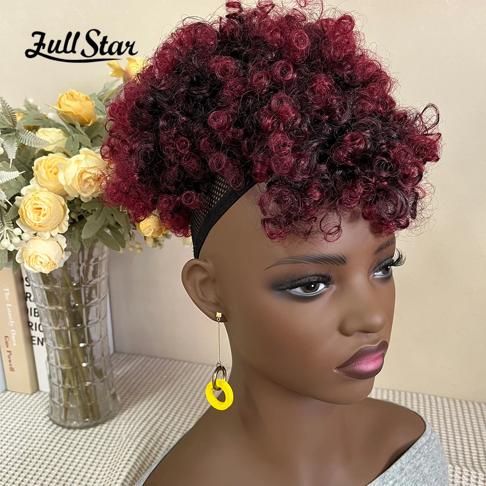 Drawstring Ponytail with Bangs Black Afro Puff Ponytail for Women Short Curly Puff Ponytail Clip in Wrap updo Synthetic Hair