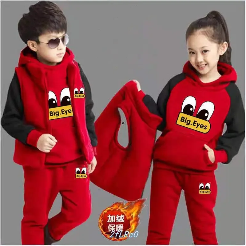 Boy Girls Fall Winter Thick Warm Clothing Set 3 Pcs Sweatshirt +Pants+Vest Cartoon Outfits Children Tracksuit School Uniform