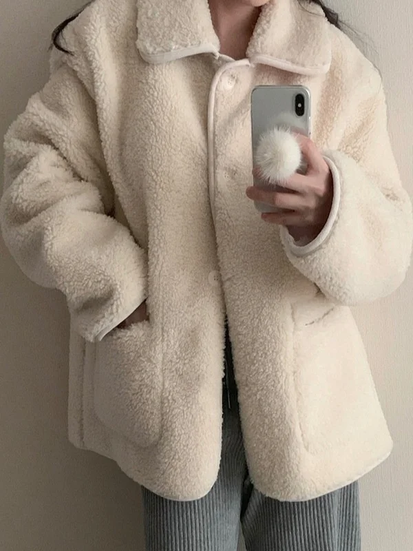 

Winter Chic Retro Doll Collar Women's Lamb Fur Jaet Warmth Puffy Coat Korean Sle Loose Fit Ladies Faion ort Outerwear