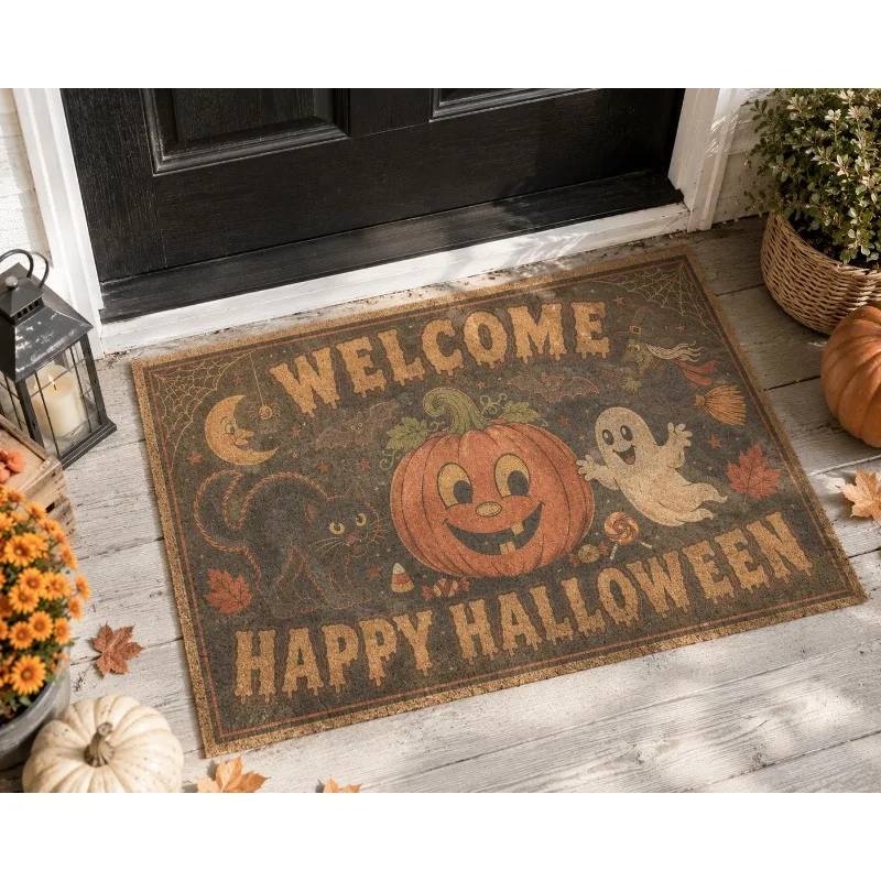 Spooky Pumpkin Ghost Halloween Doormat Bat Spider Web Maple Leaf Print Indoor Outdoor Floor Rug Holiday Entryway Carpet
