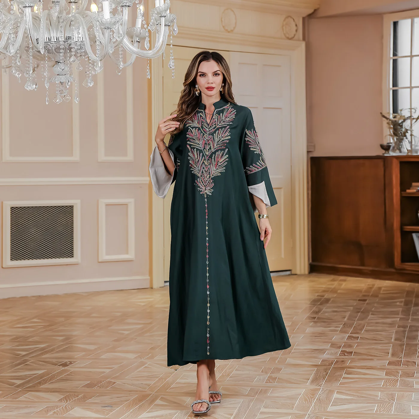 Retro Flower Embroidery Abaya Muslim Beads Dress Women Folding Split Sleeves Jalabiya Loose Robe Islamic Kaftan Ramadan Gown