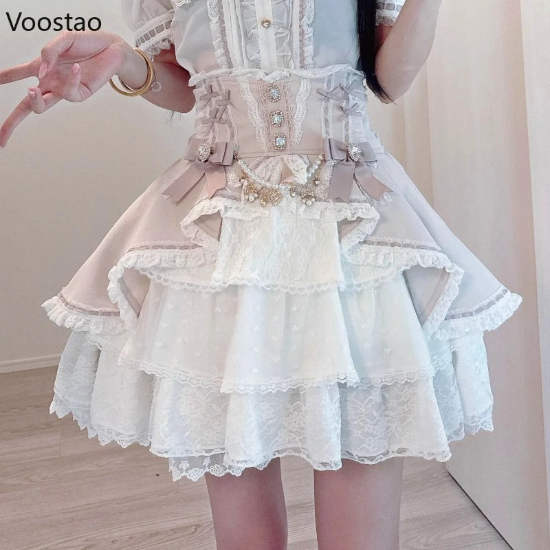 Mini jupe gâteau Style Lolita japonais Kawaii pour femmes, douce et élégante, avec nœud en diamant, chaîne de perles, jupe courte gothique Y2k pour filles