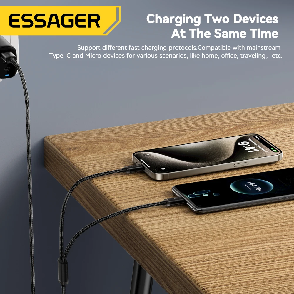 Essager USB C타입 마이크로 케이블, 고속 충전 데이터 케이블, 휴대폰 USB 충전기 코드, i2A, 2 in 1